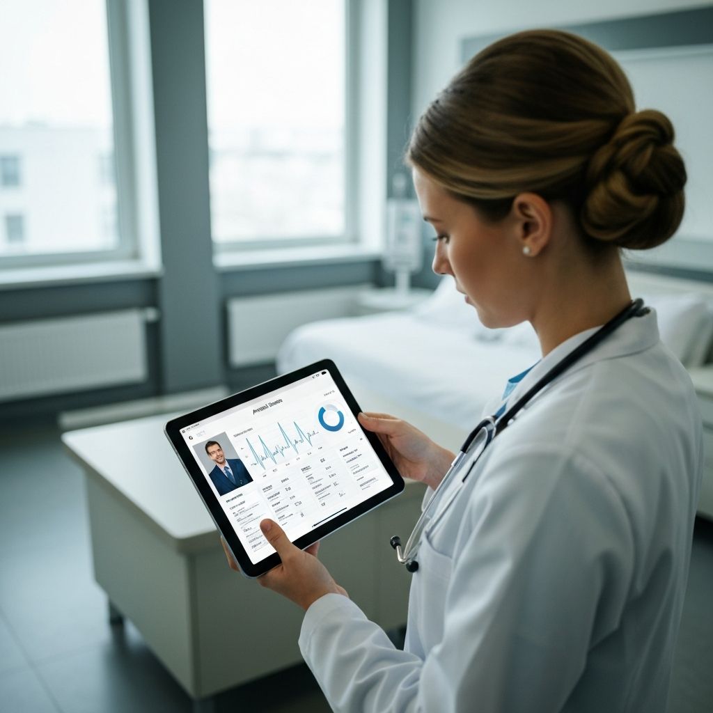 Healthcare professional reviewing patient data on tablet