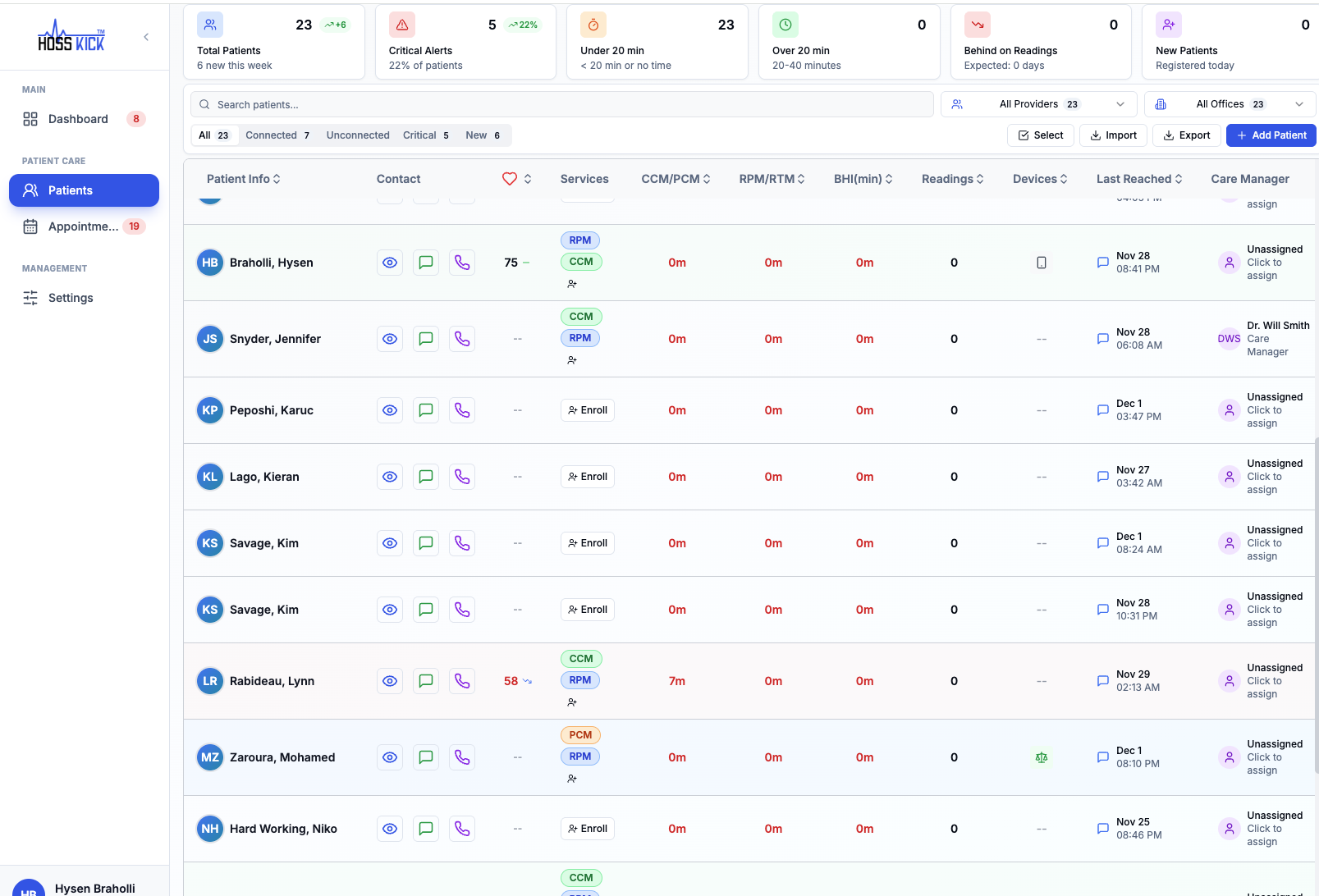 HossCare Dashboard - Patient Management Platform